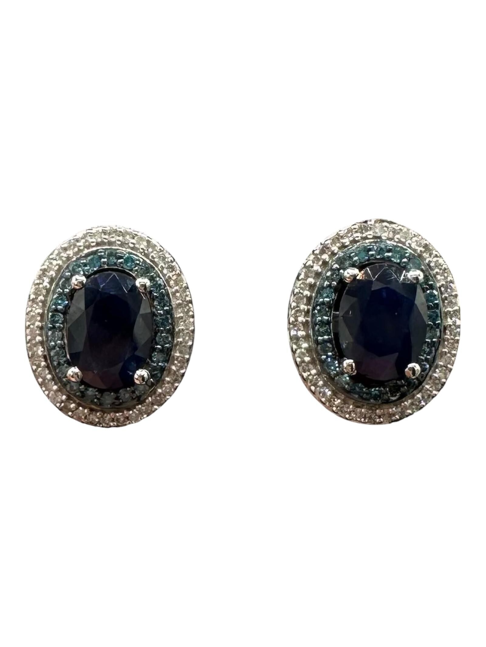 Blue Sapphire Diamond Stud Earrings 10k White Gold Push Backs New